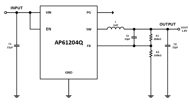 应用电路图 - Diodes Incorporated AP61204Q同步降压式转换器